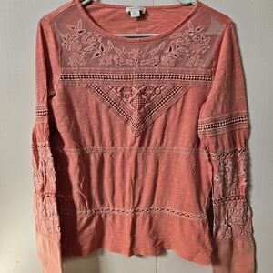 Sundance Coral Lace & Crochet Long Sleeve Top